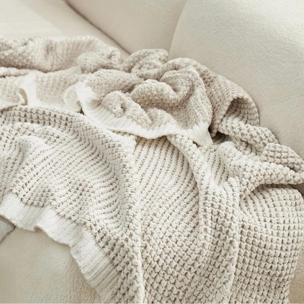 NEW West Elm Beige Woven Waffle Knit Cotton Boho Cozy Throw Blanket - 60